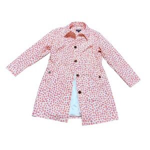 Lands End Floral Trench Coat Womens Orange Pink Flower Button Front Jacket M
